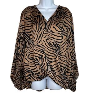 GiGiO Zebra Striped Faux Wrap Balloon Sleeve Blouse Shiny VNeck Tan Bronze Black